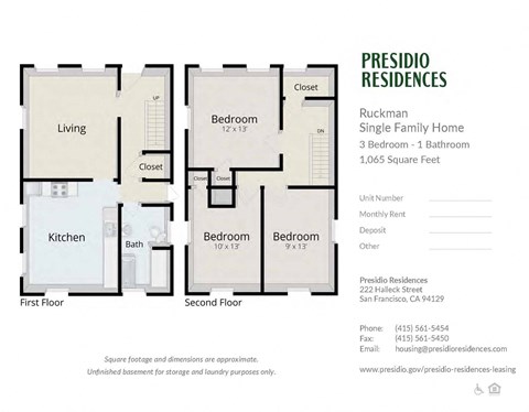 A floor plan for a single family home with three bedrooms and one bathroom.